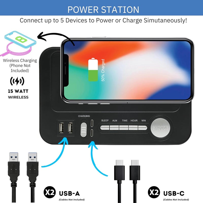 Ken-Tech ساعة منبه رقمية لغرف النوم، شحن لاسلكي 15 واط. 2 منفذ USB-C و 2 منفذ USB-A. ساعة منبه عالية الصوت للنائمين بعمق مثالية لغرفة النوم، المكتب، والمكتب. - Image 3